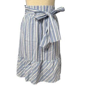 J by J. Crew Blue & White Striped Below Knee Ruffle Skirt with Tie Waist Size 6